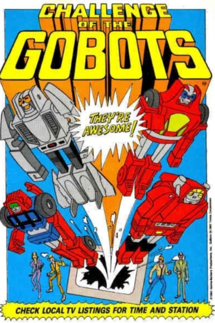 Ein Werbeplakat für die Zeichentrickserie „Challenge of the Gobots“ mit Robotern und Menschen.