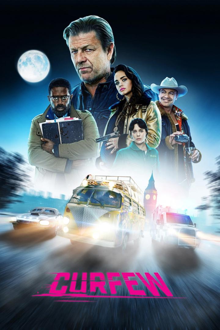 Das Filmplakat für „Curfew“ zeigt eine Gruppe von Personen und Fahrzeugen vor dem Hintergrund von Big Ben.