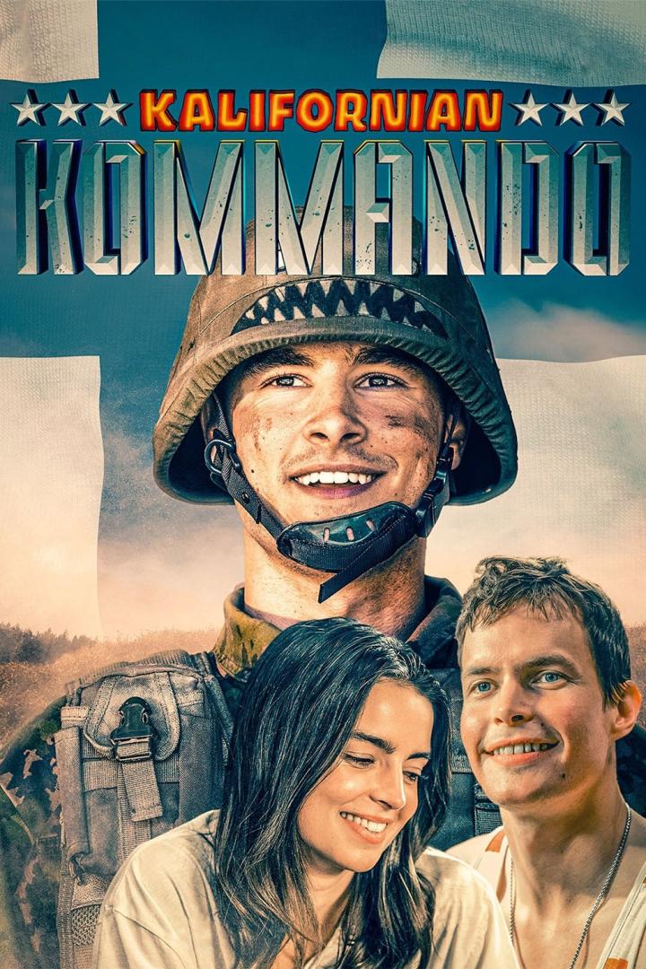 Das Filmplakat für „Kalifornian Kommando“ zeigt einen Soldaten mit zwei Zivilisten.