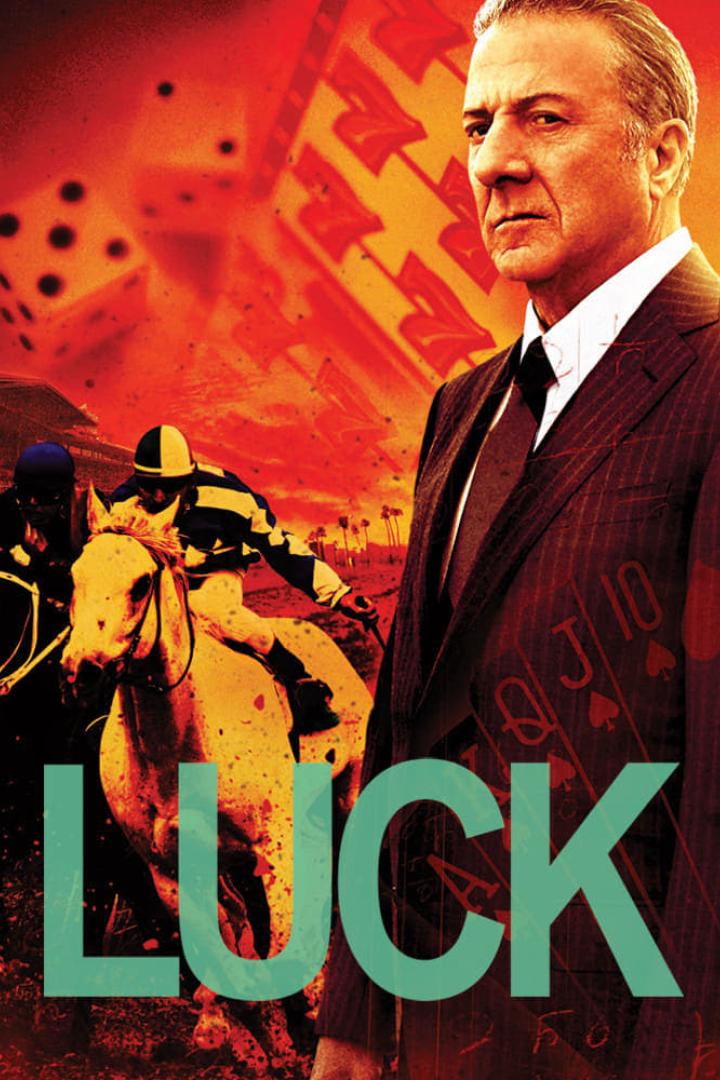 Das Poster für die Fernsehserie „Luck“ zeigt Dustin Hoffman vor einem Pferderennen.