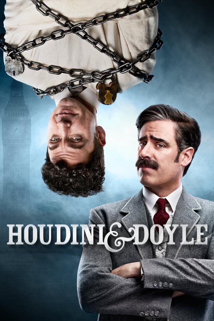Das Filmplakat zu „Houdini & Doyle“ zeigt Houdini gefesselt und auf dem Kopf stehend über Doyle.
