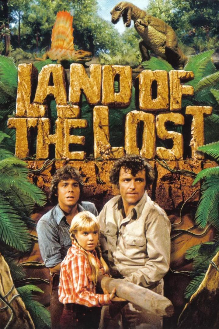 Das Filmplakat zu „Land of the Lost“ zeigt Dinosaurier und drei menschliche Charaktere.