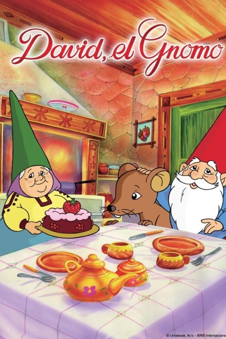 Szene aus der Zeichentrickserie „David, der Kabauter“ mit David, seiner Frau Lisa und einem Murmeltier.