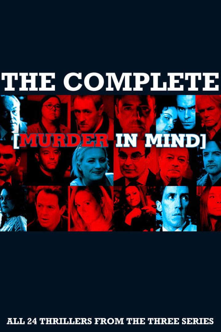 Das Cover für „The Complete Murder in Mind“ zeigt eine Collage von Gesichtern in Rot- und Blautönen.