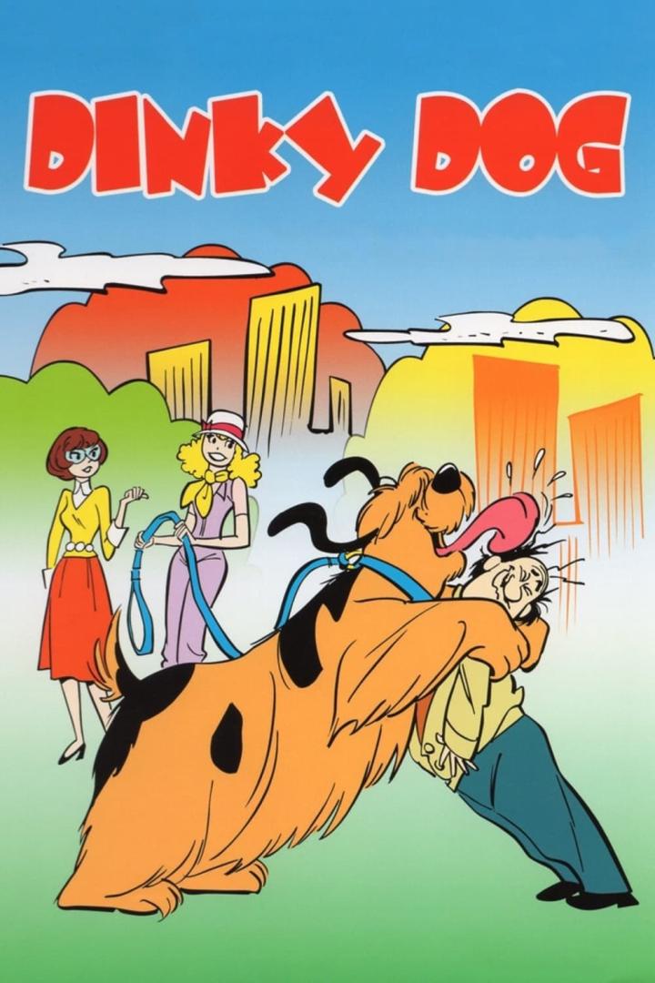 Ein Bild von Dinky Dog, der einen Mann ableckt, während zwei Frauen zusehen.