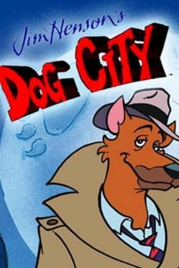 Ein Cartoon-Hund im Detektiv-Look, beworben als „Jim Henson's Dog City“.