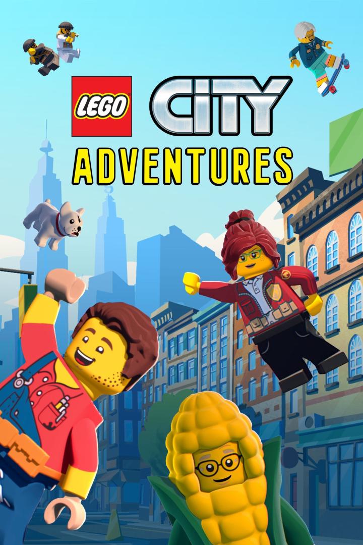 Das LEGO City Adventures-Logo mit verschiedenen LEGO-Figuren vor einer Stadtkulisse.