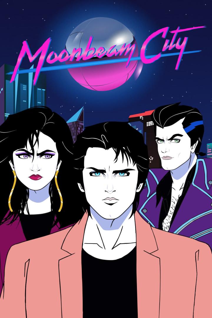 Drei stilisierte Charaktere vor dem Hintergrund der Stadt „Moonbeam City“.