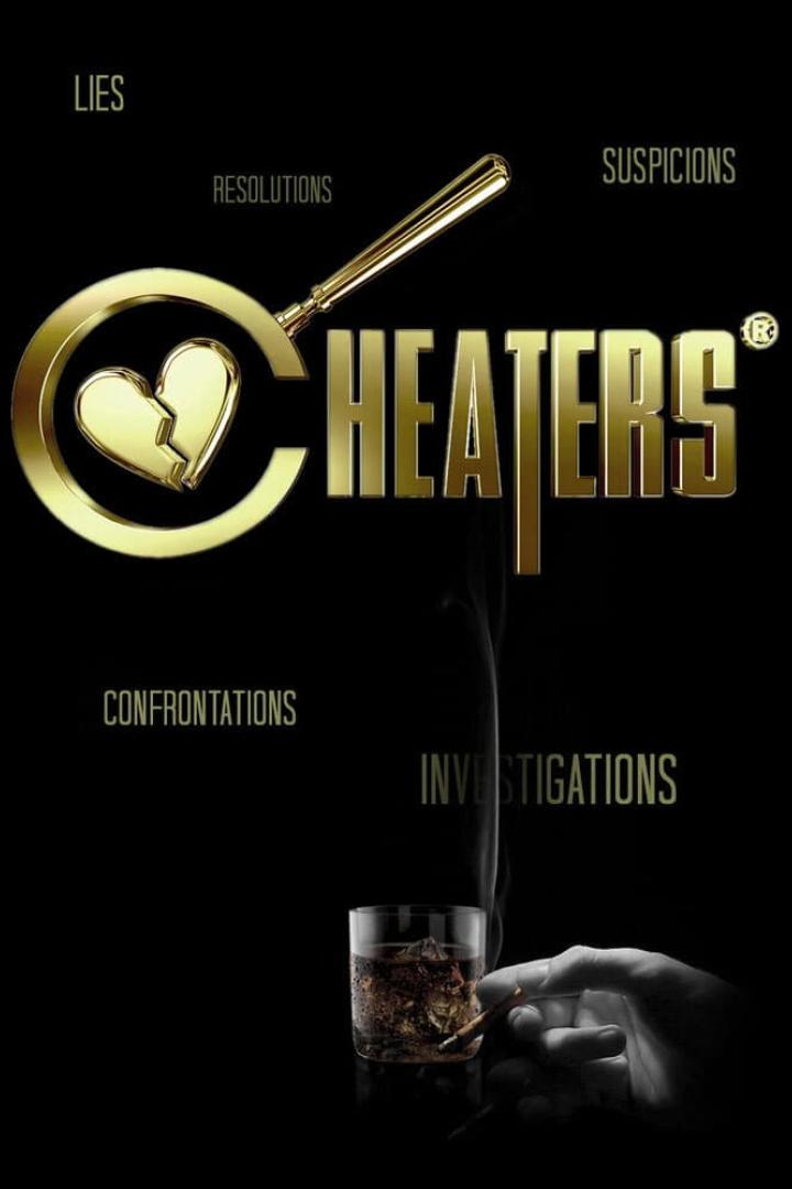 Das Logo von „Cheaters“ mit einem zerbrochenen Herz in einer Lupe, Zigarette und einem Drink.