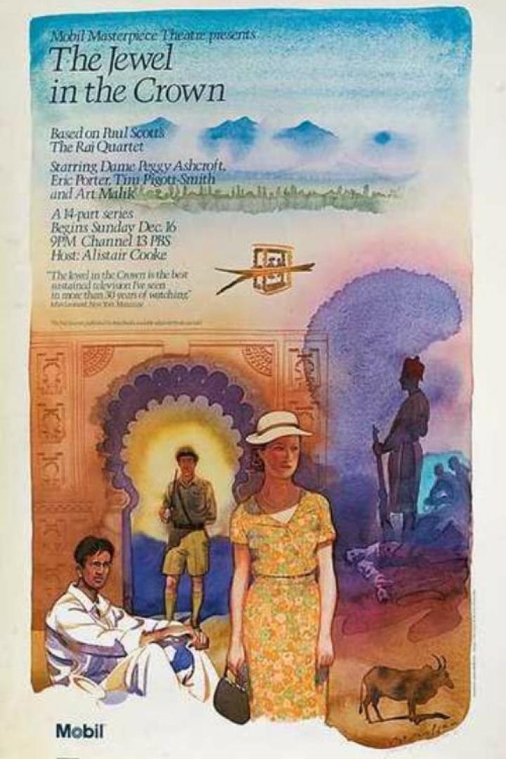 Ein Werbeplakat für „The Jewel in the Crown“ mit mehreren Figuren in Indien.