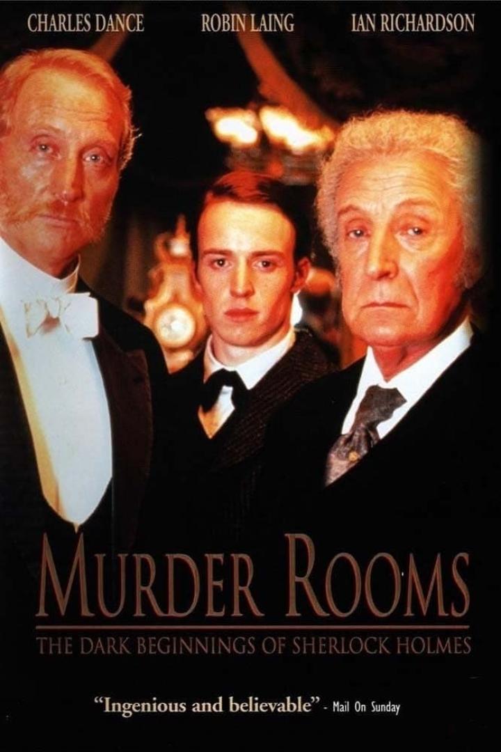 Das Filmplakat zu „Murder Rooms: The Dark Beginnings of Sherlock Holmes“ mit Charles Dance, Robin Laing und Ian Richardson.