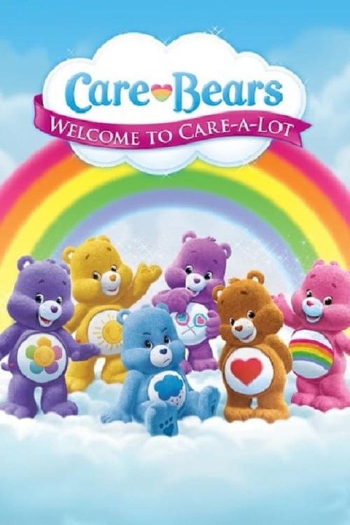 Eine Gruppe von Care Bears steht vor einem Regenbogen und einer Wolke mit der Aufschrift „Welcome to Care-a-Lot“.