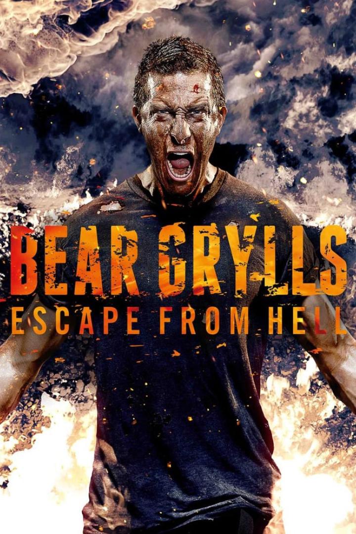 Ein schreiender Bear Grylls vor einem Hintergrund aus Feuer und Rauch für „Escape From Hell“.