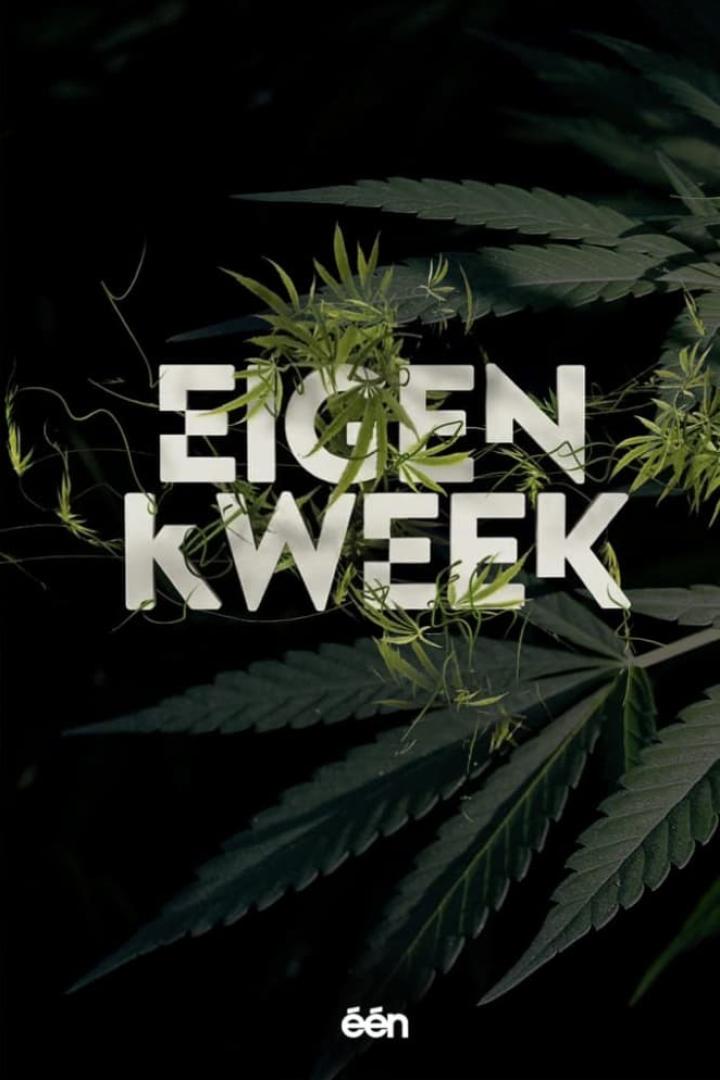 Das Logo der Fernsehserie „Eigen Kweek“ vor dem Hintergrund von Cannabisblättern.