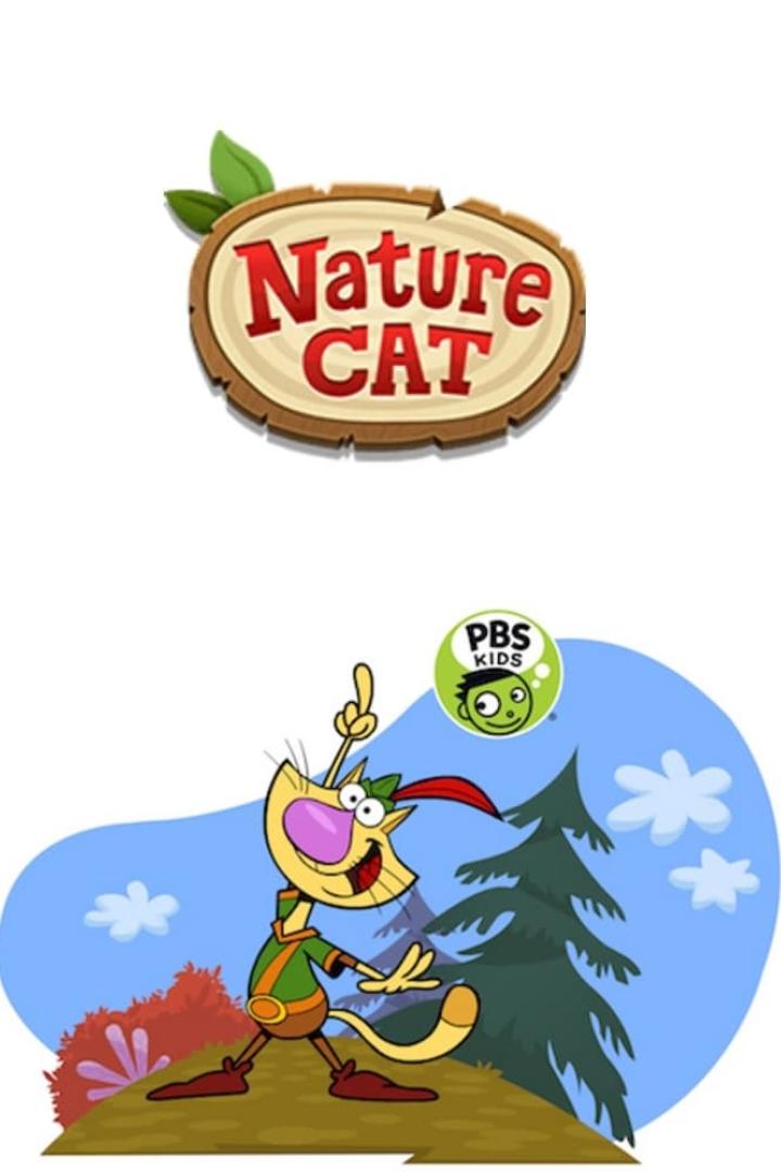 Das Logo von „Nature Cat“ und eine Cartoon-Katze in einem Wald.