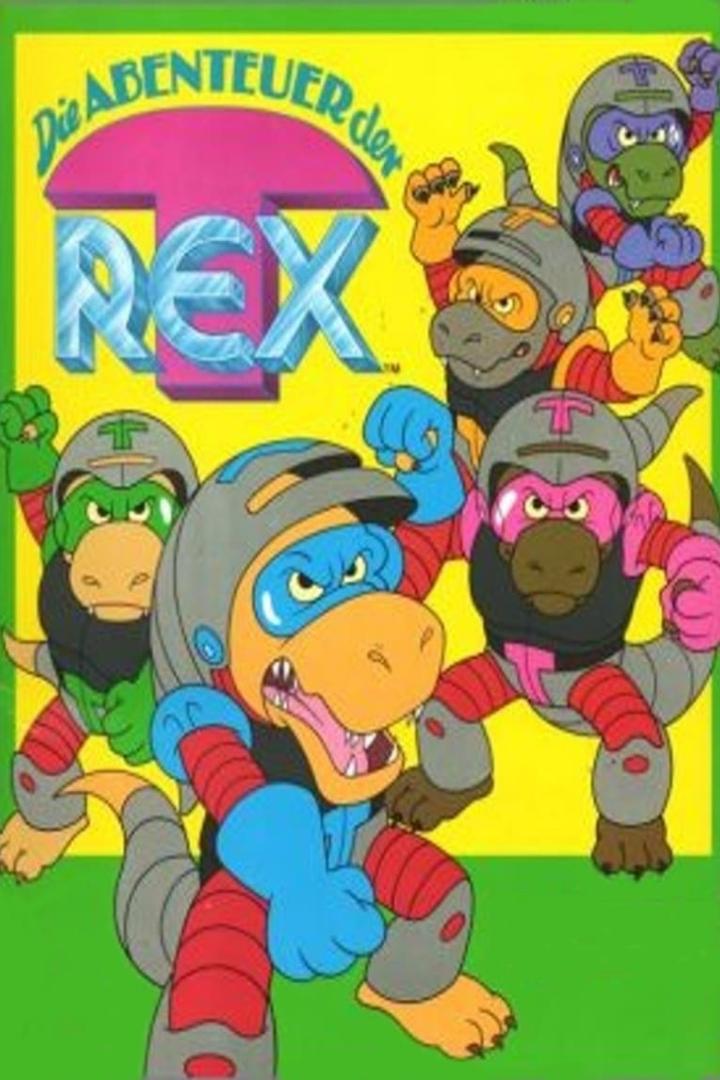 Das Cover der Zeichentrickserie „Die Abenteuer der T-Rex“ zeigt Dinosaurier in Rüstungen.