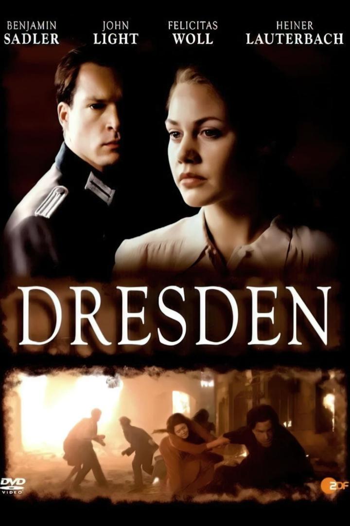 Das Filmplakat für „Dresden“ zeigt Benjamin Sadler und Felicitas Woll vor einer zerstörten Stadt.
