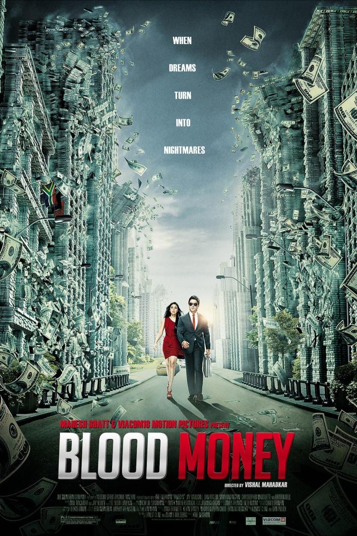Das Filmplakat für „Blood Money“ zeigt ein Paar, das durch eine Stadt aus Geld geht.