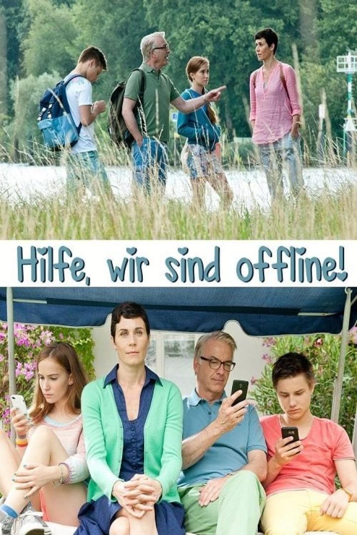 Eine Familie, die in zwei Gruppen geteilt ist, nutzt ihre Smartphones, während sie eigentlich die Natur genießen sollten.