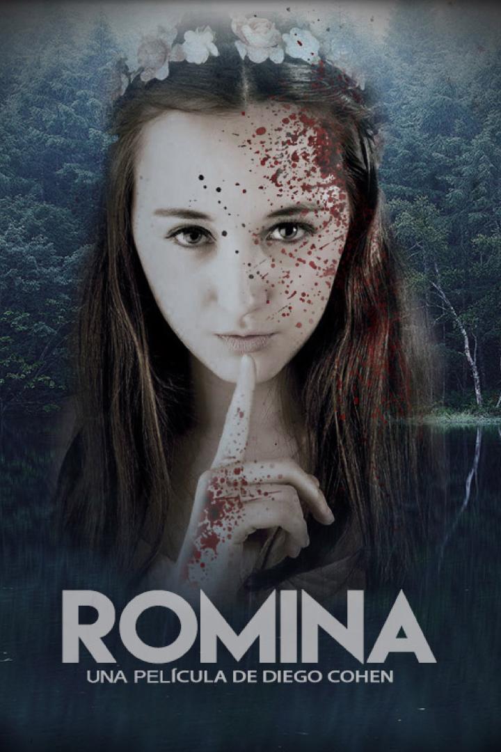 Das Filmplakat für „Romina“ zeigt eine junge Frau mit Blutspuren im Gesicht, die den Finger an die Lippen legt.