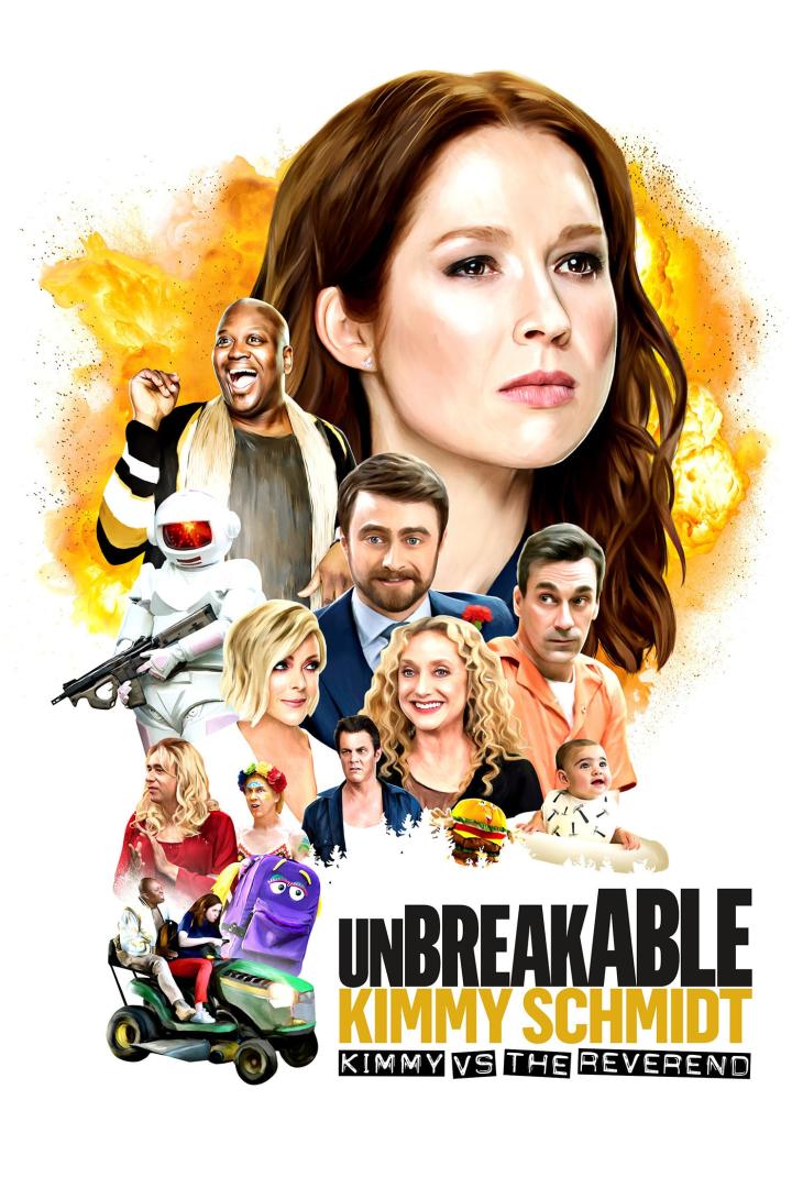 Das Poster für „Unbreakable Kimmy Schmidt: Kimmy vs the Reverend“ zeigt die Hauptdarsteller vor einer Explosion.