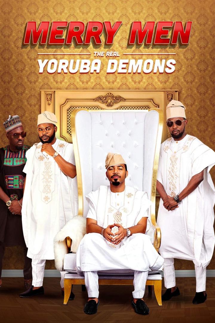Das Filmplakat für „Merry Men: The Real Yoruba Demons“ zeigt vier Männer in traditioneller nigerianischer Kleidung.