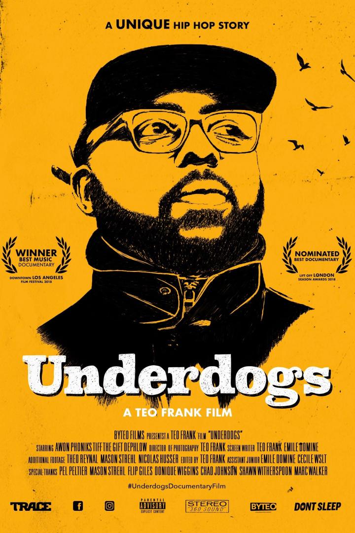 Das Filmplakat für „Underdogs“ zeigt eine stilisierte Zeichnung eines Mannes mit Brille vor einem gelben Hintergrund.