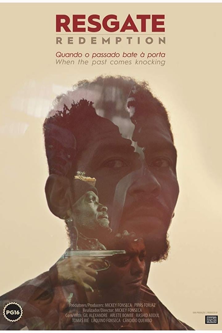 Das Filmplakat für „Resgate Redemption“ zeigt mehrere übereinandergelegte Gesichter und eine Person mit einer Waffe.