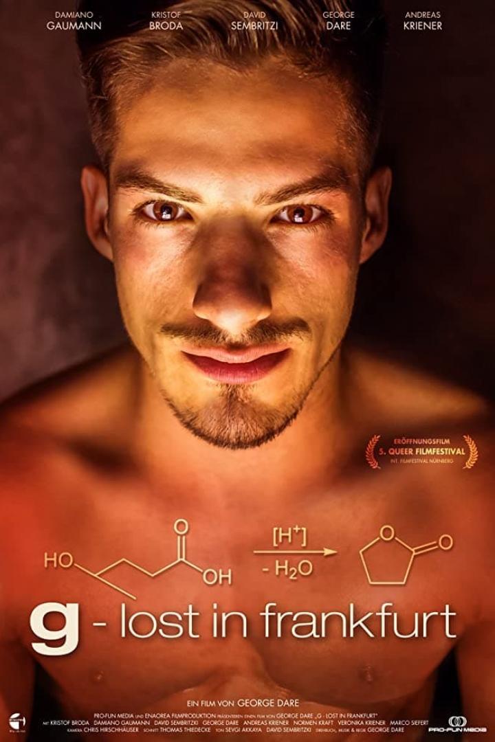 Das Filmplakat für „g - lost in frankfurt“ zeigt das Gesicht eines Mannes und chemische Formeln.