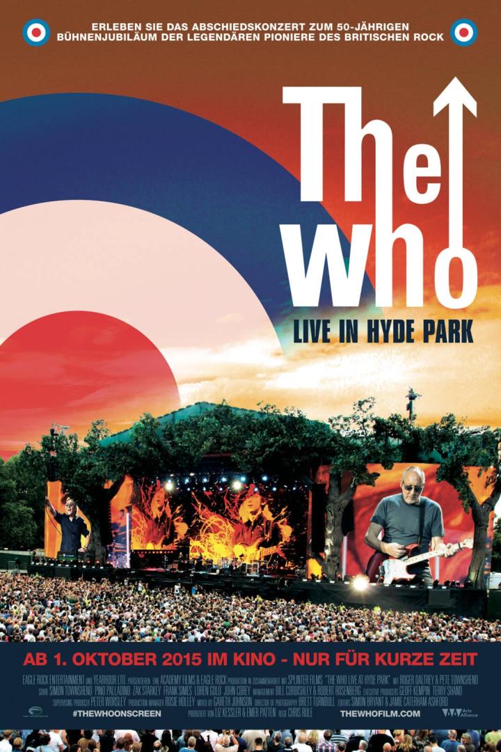Das Filmplakat für „The Who: Live in Hyde Park“ zeigt die Band vor großem Publikum.