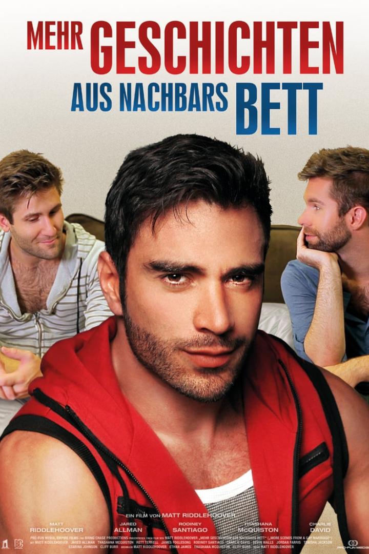 Das Filmplakat für „Mehr Geschichten aus Nachbars Bett“ zeigt drei Männer.