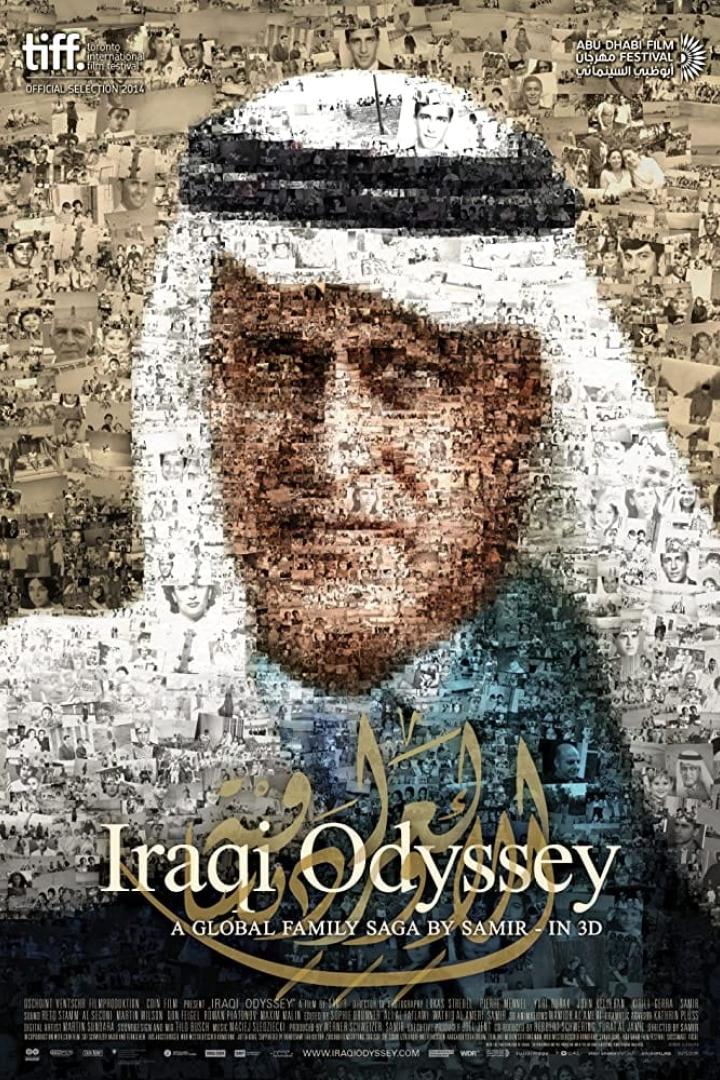 Das Filmplakat für „Iraqi Odyssey“ zeigt ein Mosaikporträt aus Familienfotos.
