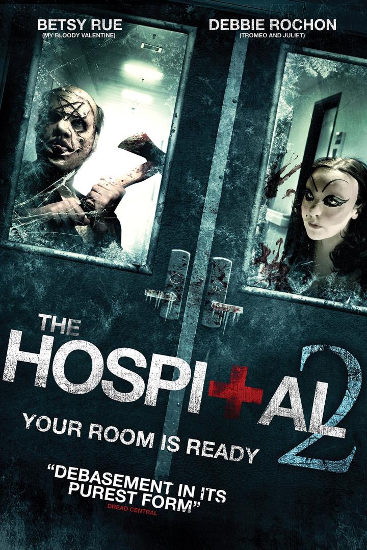 Das Filmplakat für „Hospital 2“ zeigt zwei unheimliche Gestalten hinter einer Tür.