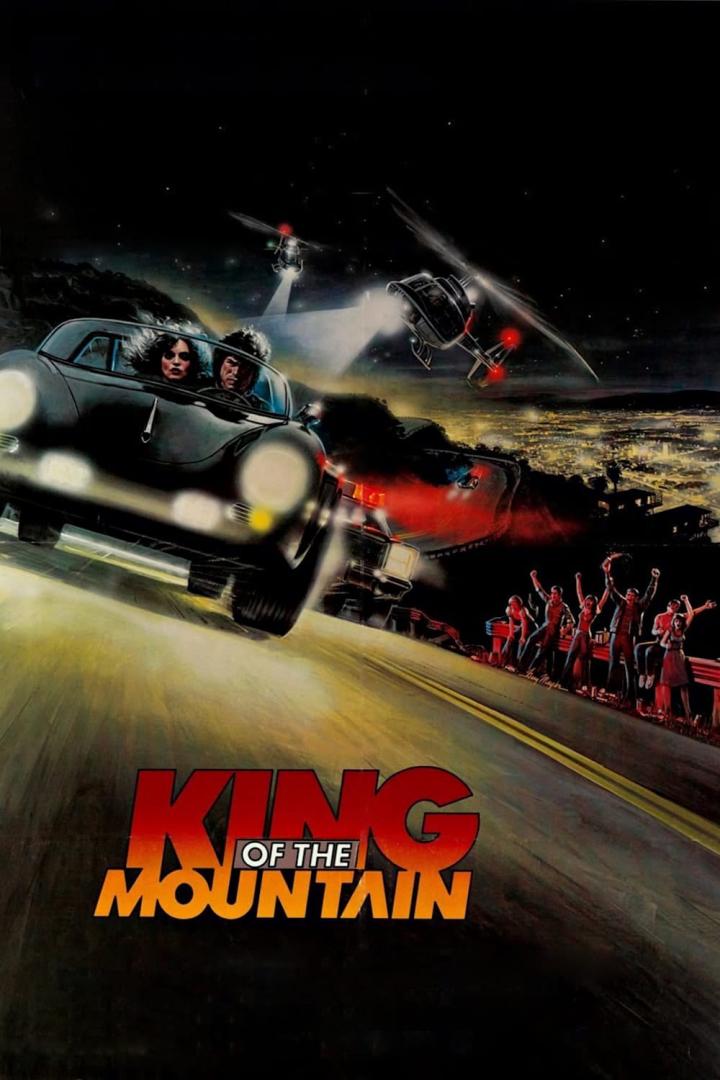 Das Filmplakat für „King of the Mountain“ zeigt ein Paar in einem Auto, das einen Berg hinunterfährt, verfolgt von Hubschraubern.
