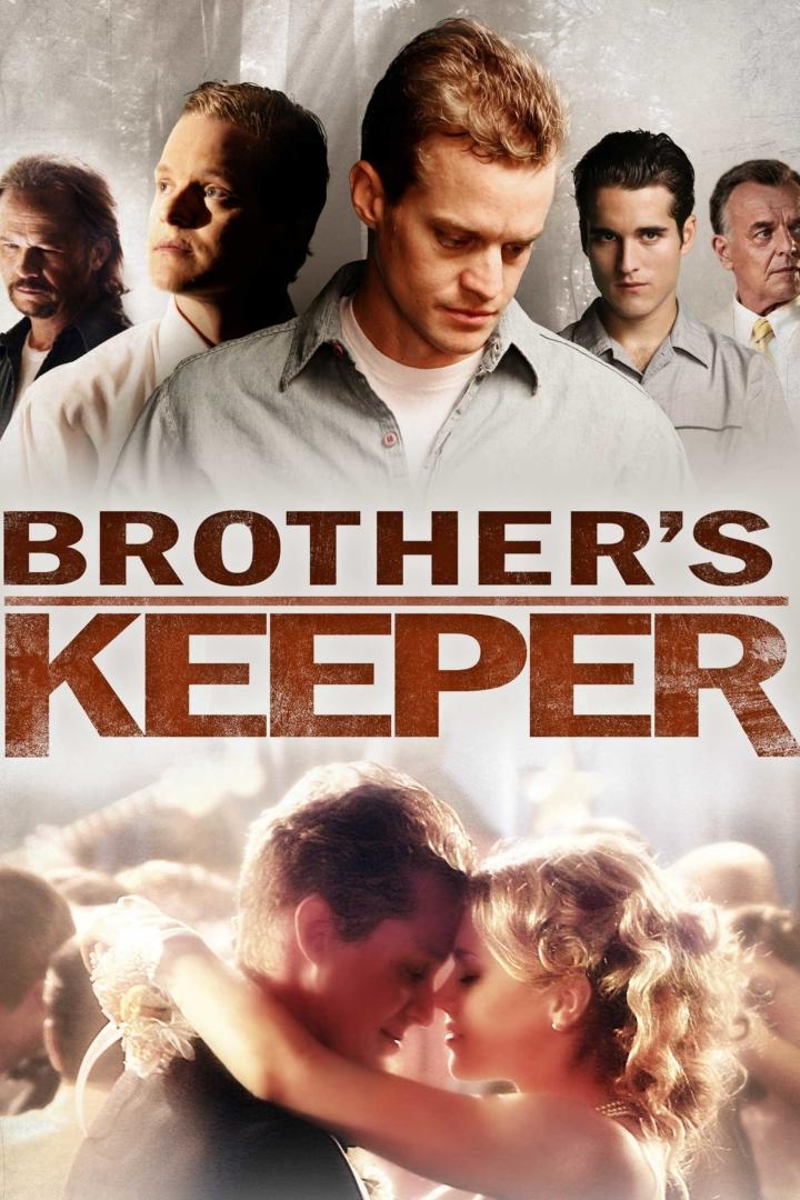 Das Filmplakat für „Brother's Keeper“ zeigt mehrere Männer und ein Paar in einer Umarmung.