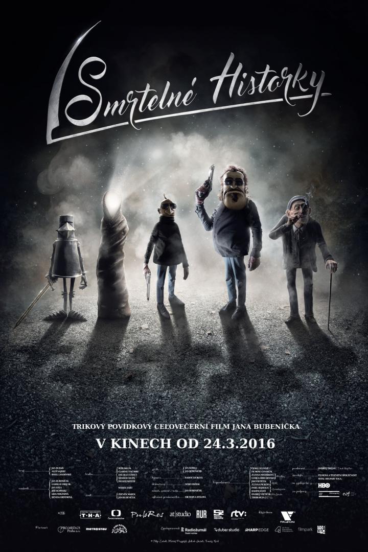 Ein Filmplakat für „Smrtelné Historky“ mit animierten Figuren.