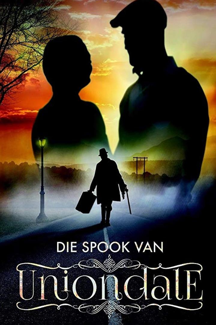 Das Filmplakat für „Die Spook van Uniondale“ zeigt eine geheimnisvolle Szene mit Silhouetten.