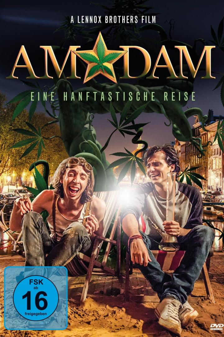 Das Filmplakat für „AmStarDam“ zeigt zwei Männer mit Cannabis vor der Kulisse von Amsterdam.