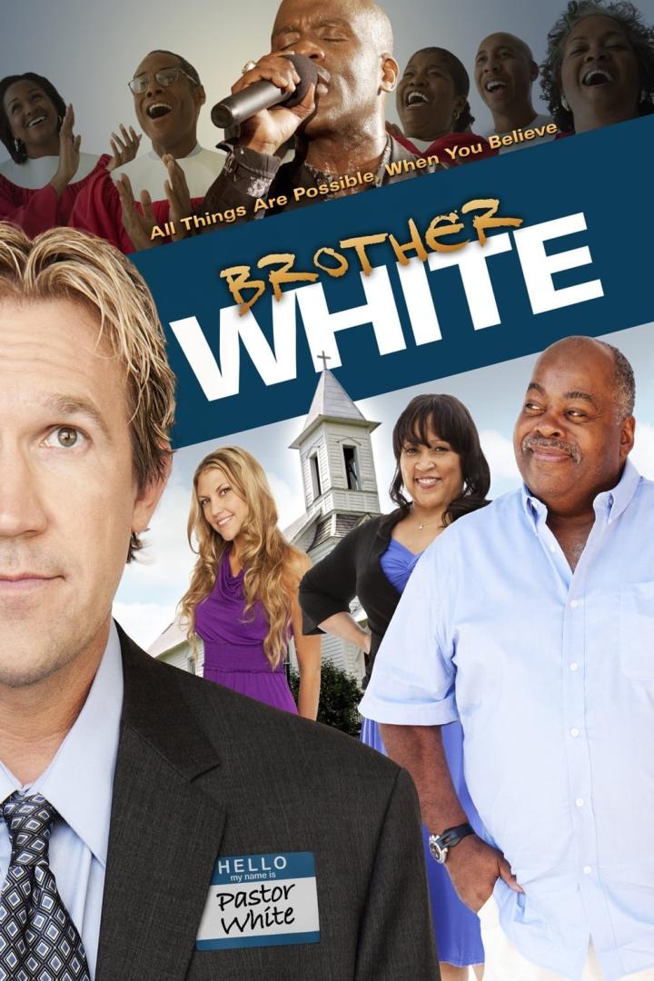 Das Filmplakat für „Brother White“ zeigt den Pastor White und andere Gemeindemitglieder vor einer Kirche.