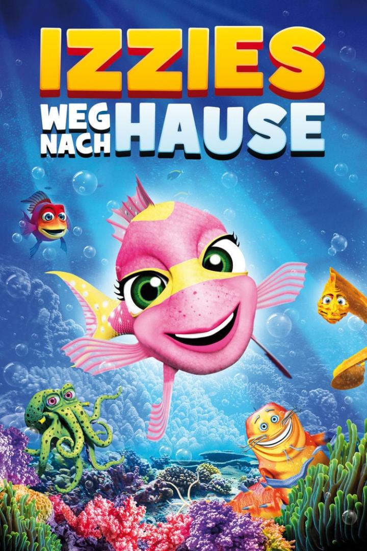 Das Poster für den Animationsfilm „Izzies Weg nach Hause“ mit bunten Fischen und anderen Meeresbewohnern.
