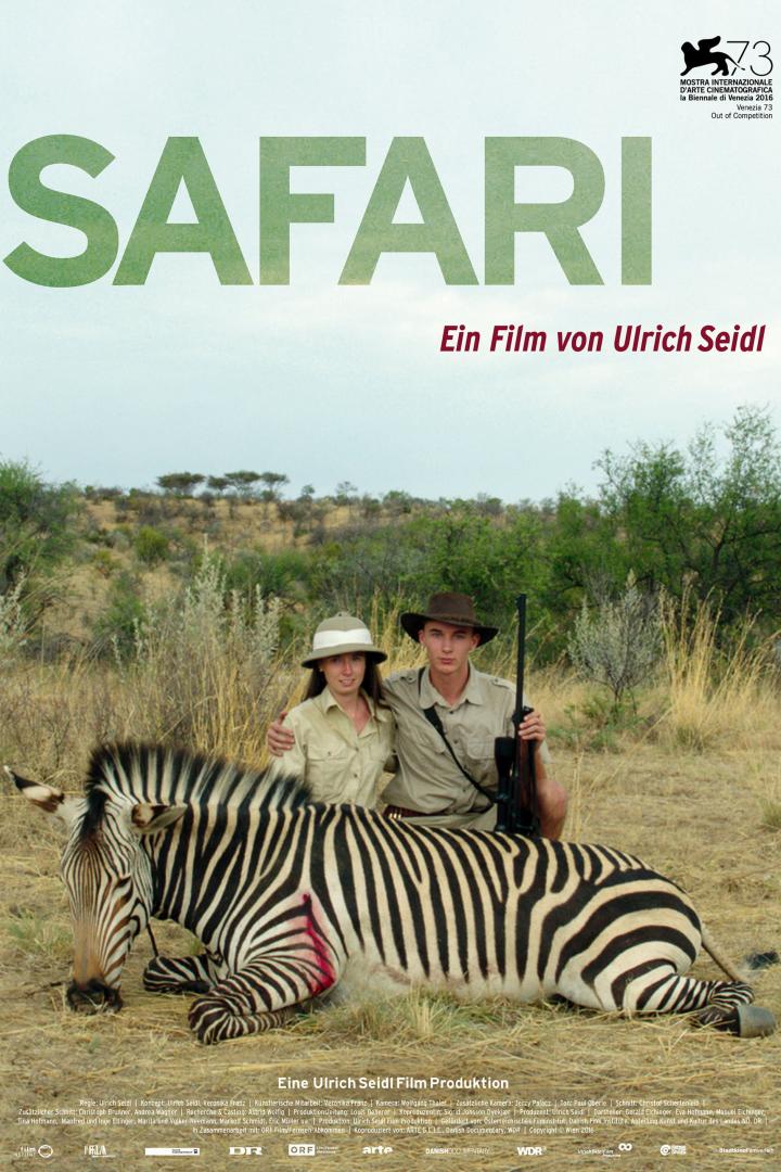 Das Filmplakat zu „Safari“ zeigt ein Paar mit Gewehr vor einem erlegten Zebra.