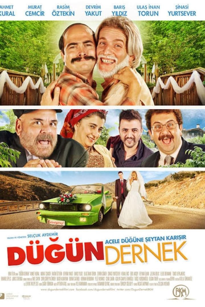 Das Filmplakat für „Düğün Dernek“ zeigt mehrere Charaktere und ein Hochzeitsauto.