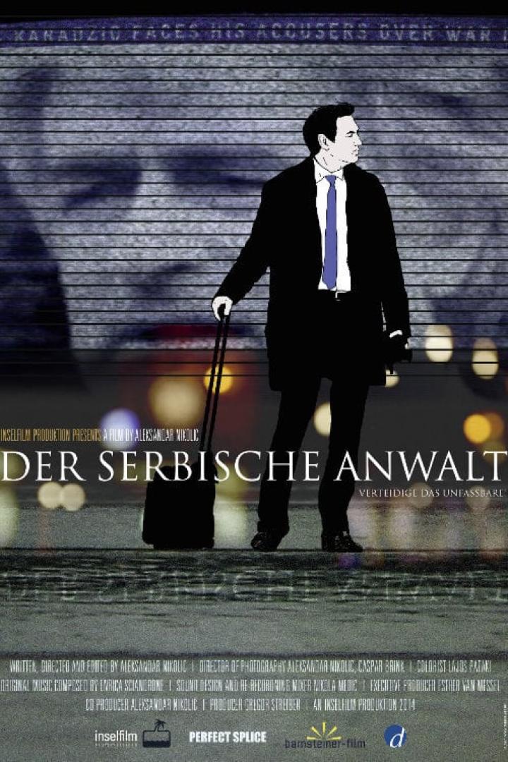 Ein Mann im Anzug mit Koffer auf dem Filmplakat „Der serbische Anwalt“.