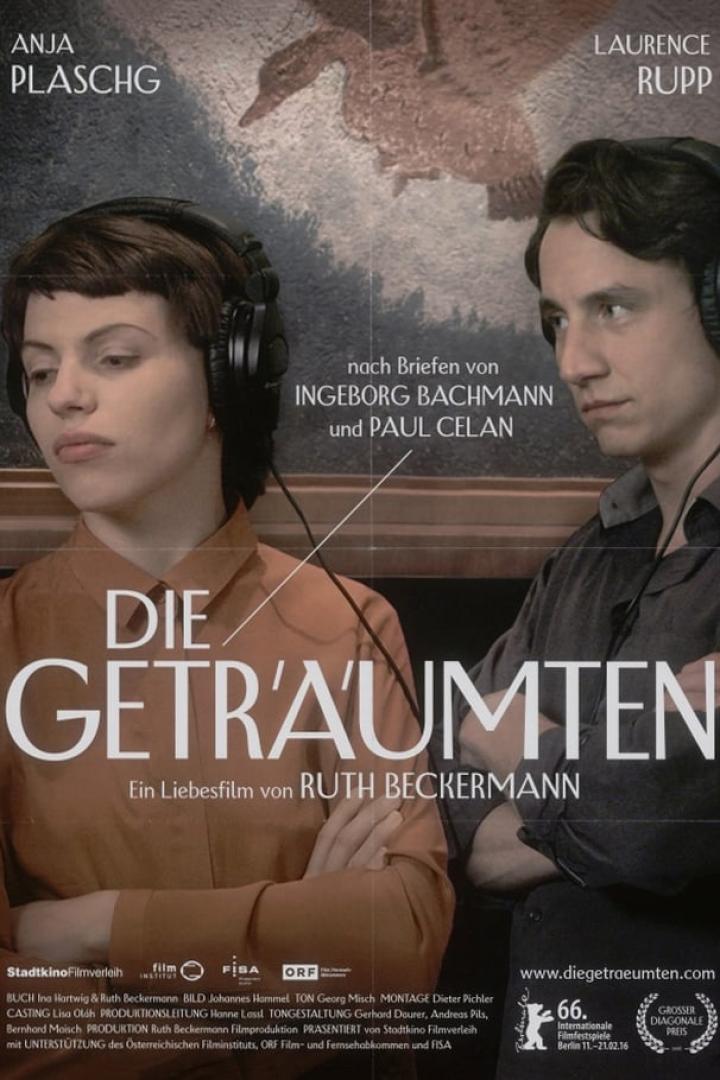 Das Filmplakat für „Die Geträumten“ mit Anja Plaschg und Laurence Rupp, die Kopfhörer tragen.