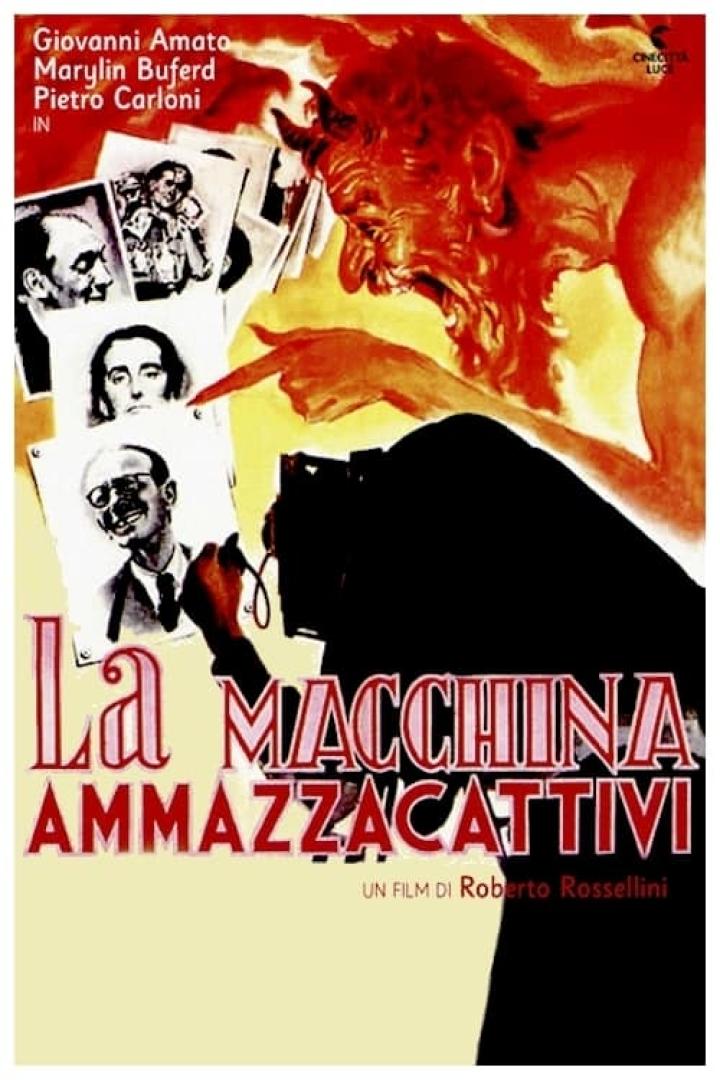 Das Filmplakat für „La Macchina Ammazzacattivi“ zeigt einen Teufel, der auf eine Kamera und Porträts zeigt.