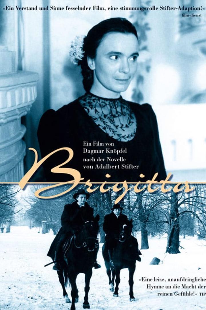 Das Filmplakat für „Brigitta“ zeigt eine Frau und zwei Reiter im Schnee.