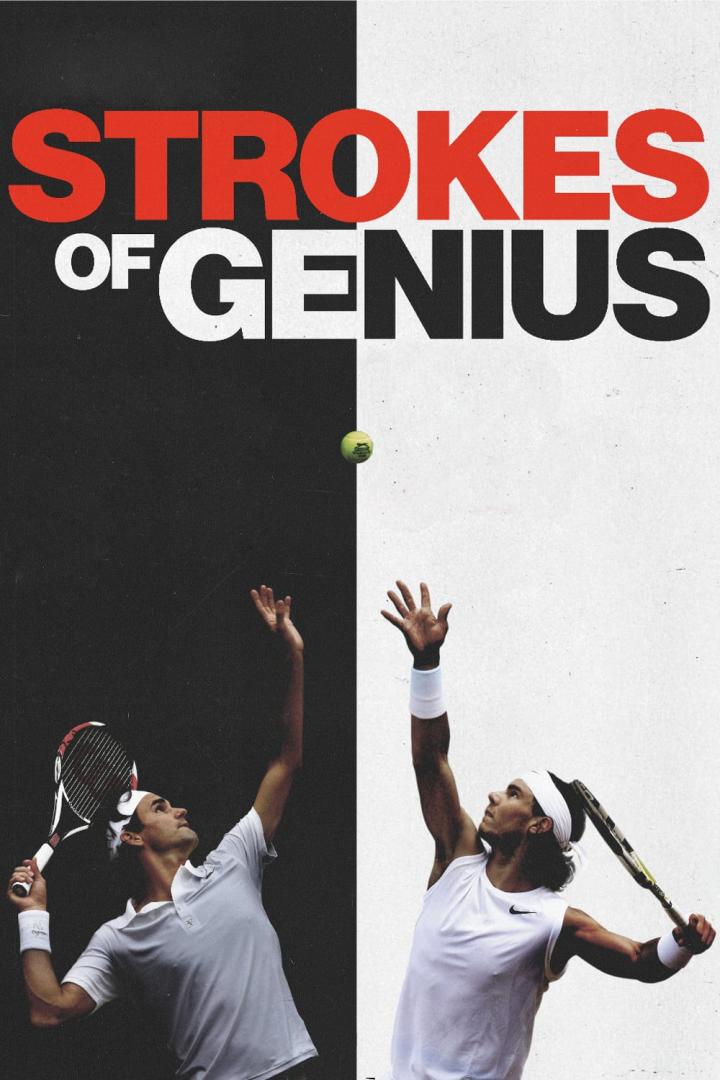 Roger Federer und Rafael Nadal beim Aufschlag auf einem geteilten Schwarz-Weiß-Hintergrund.