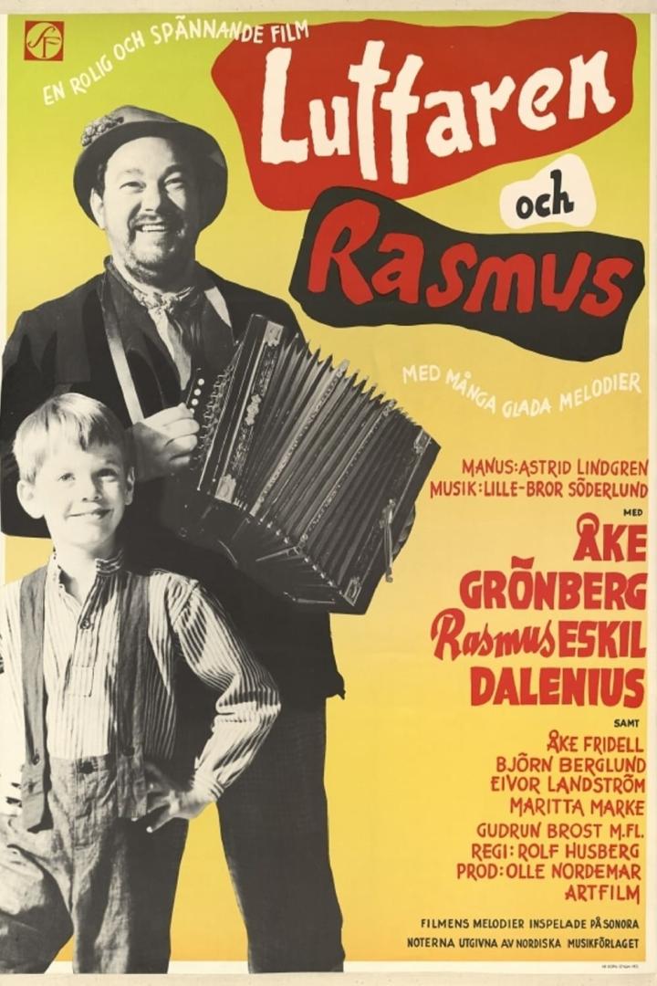 Ein Mann mit Akkordeon und ein Junge auf dem Filmplakat zu „Luffaren och Rasmus“.