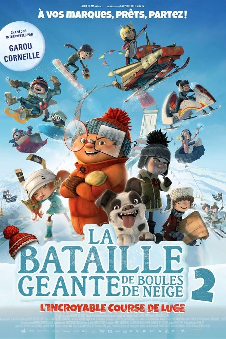 Das Filmplakat für „La Bataille Géante de Boules de Neige 2“ zeigt animierte Kinder und einen Hund im Schnee.