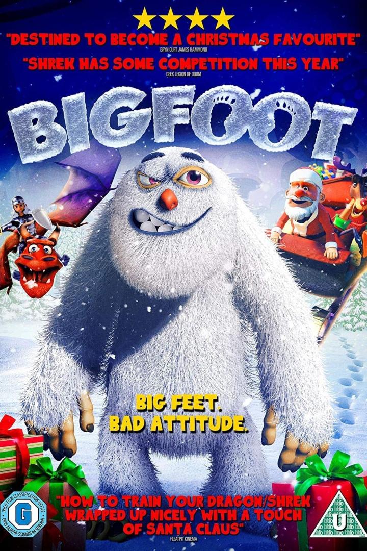 Das Filmplakat zeigt einen animierten, grimmig dreinblickenden Bigfoot vor weihnachtlichem Hintergrund.